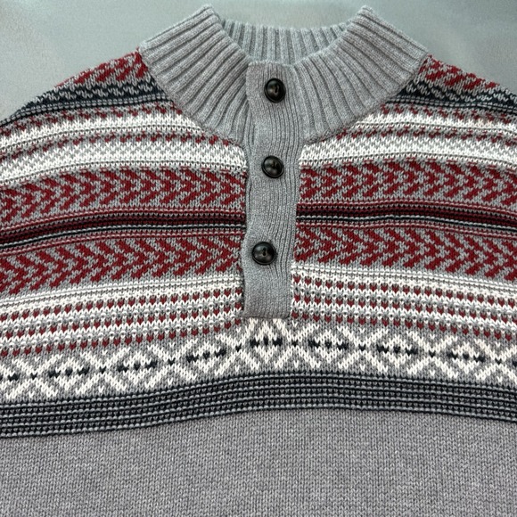 Chaps Other - Chaps‎ Sweater Men's Medium Gray Red Henley Heavy Knit Holiday Fair Isle Nordic